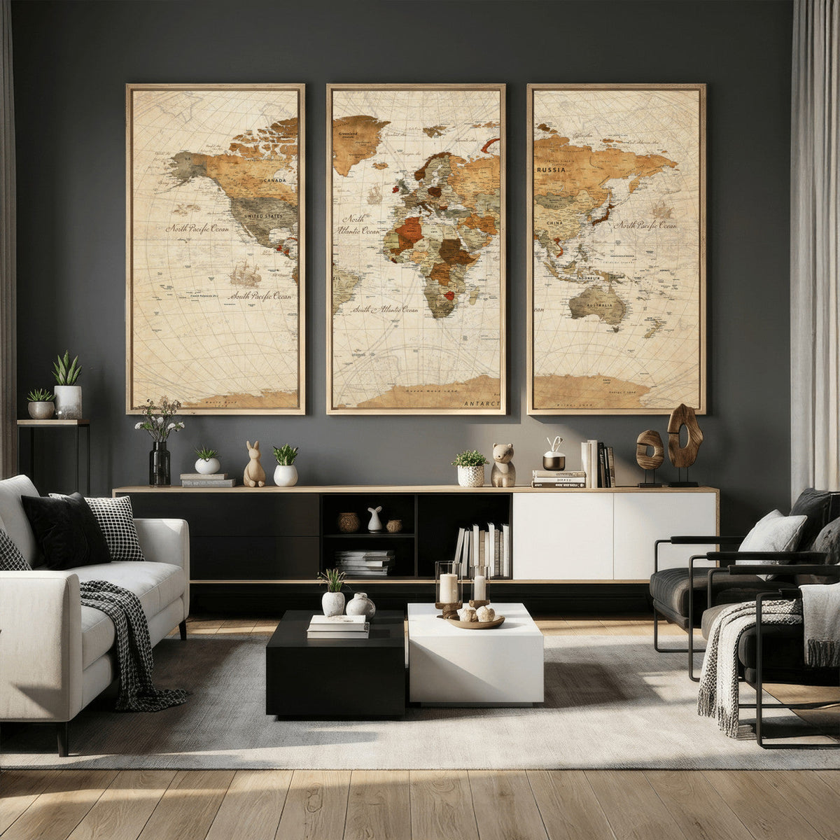 Rustic Vintage World Map Canvas Print – Framed Modern