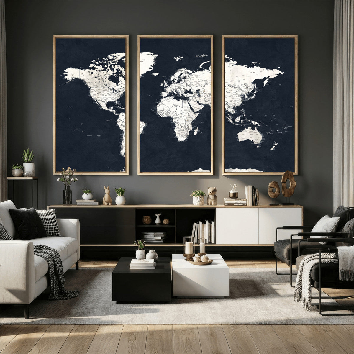 Black World Map Wall Art Canvas Print for Home Office and