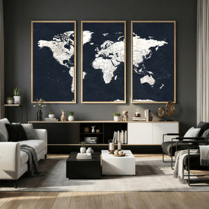 Black World Map Wall Art Canvas Print for Home Office and