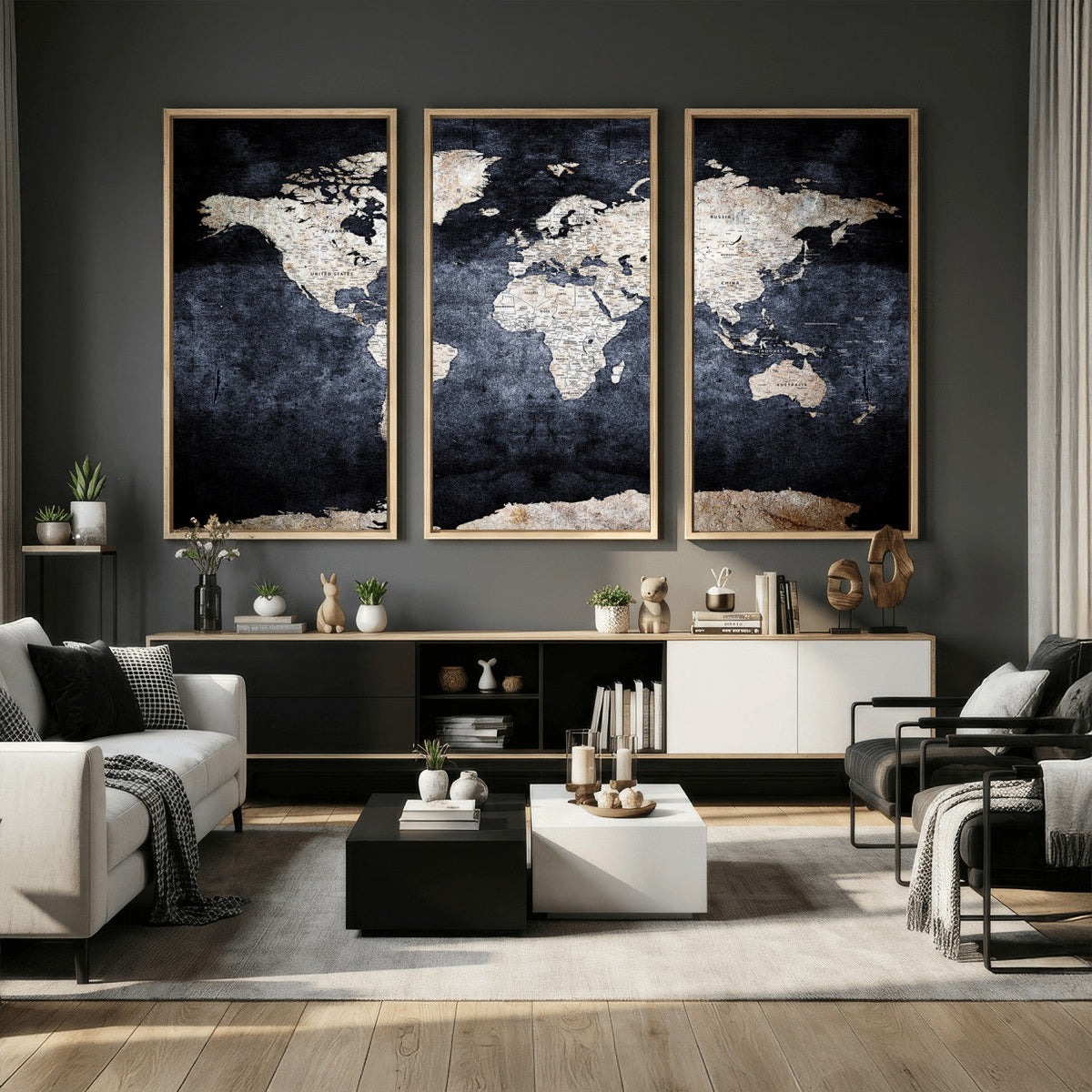 Vintage World Map Canvas Wall Art – Antique Triptych Map