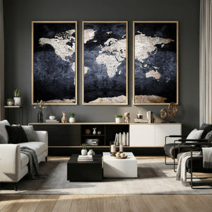 Vintage World Map Canvas Wall Art – Antique Triptych Map