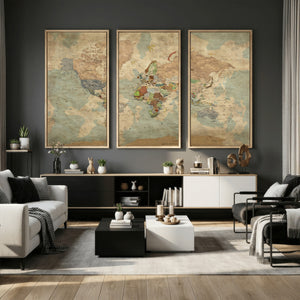 World Map Wall Art Canvas Print, Rustic Map Print, Framed