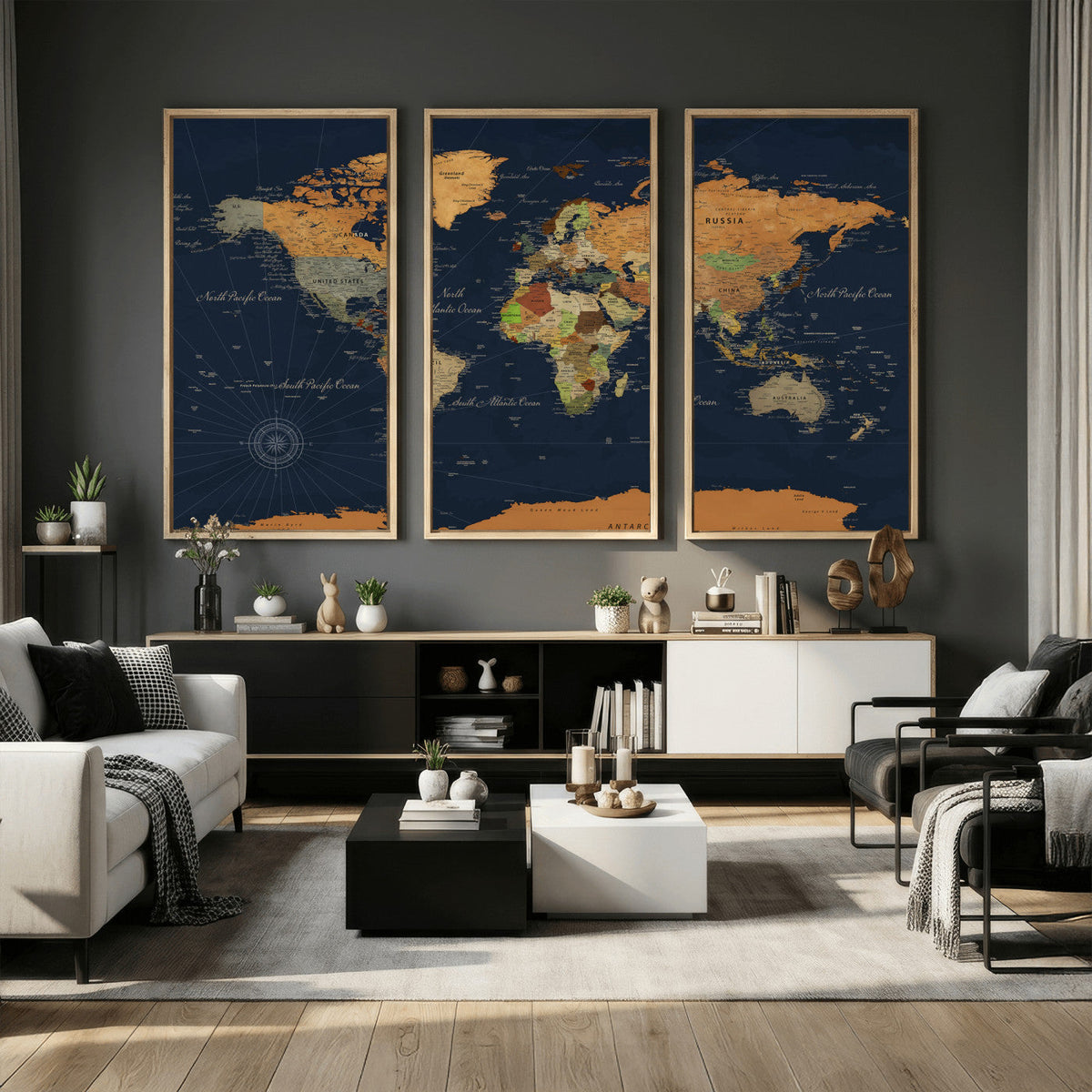 Modern World Map Canvas Print – Framed Detailed Map of the