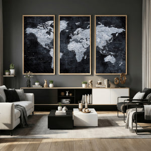 Black World Map Canvas Print – Detailed Map for Couples and