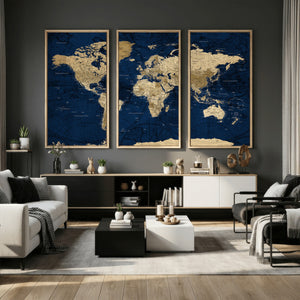 Navy Blue World Map Canvas Print – Detailed Map Minimal Navy