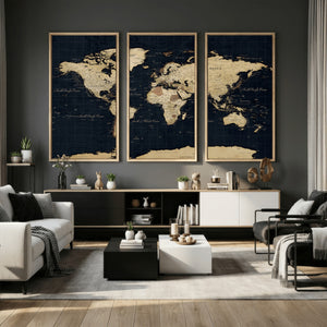 Dark World Map Canvas Wall Art Print, Minimal Black and Gold