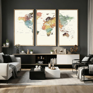 Framed World Map Wall Art Canvas Print for Living Room and
