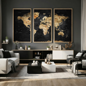 World Map Canvas Wall Art with Famous Landmarks – Framed