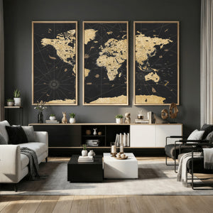 Vintage Blue and Brown World Map Canvas Wall Art – Framed
