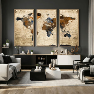World Map Wall Art – Rustic Earth Tone Canvas Print, Antique