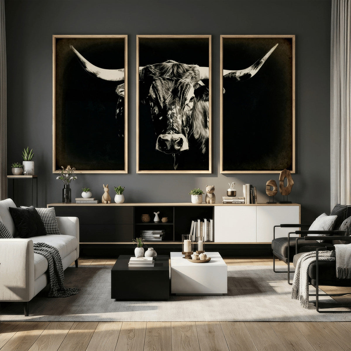 Black Bull Wall Art Canvas Print, Texas Longhorn Portrait