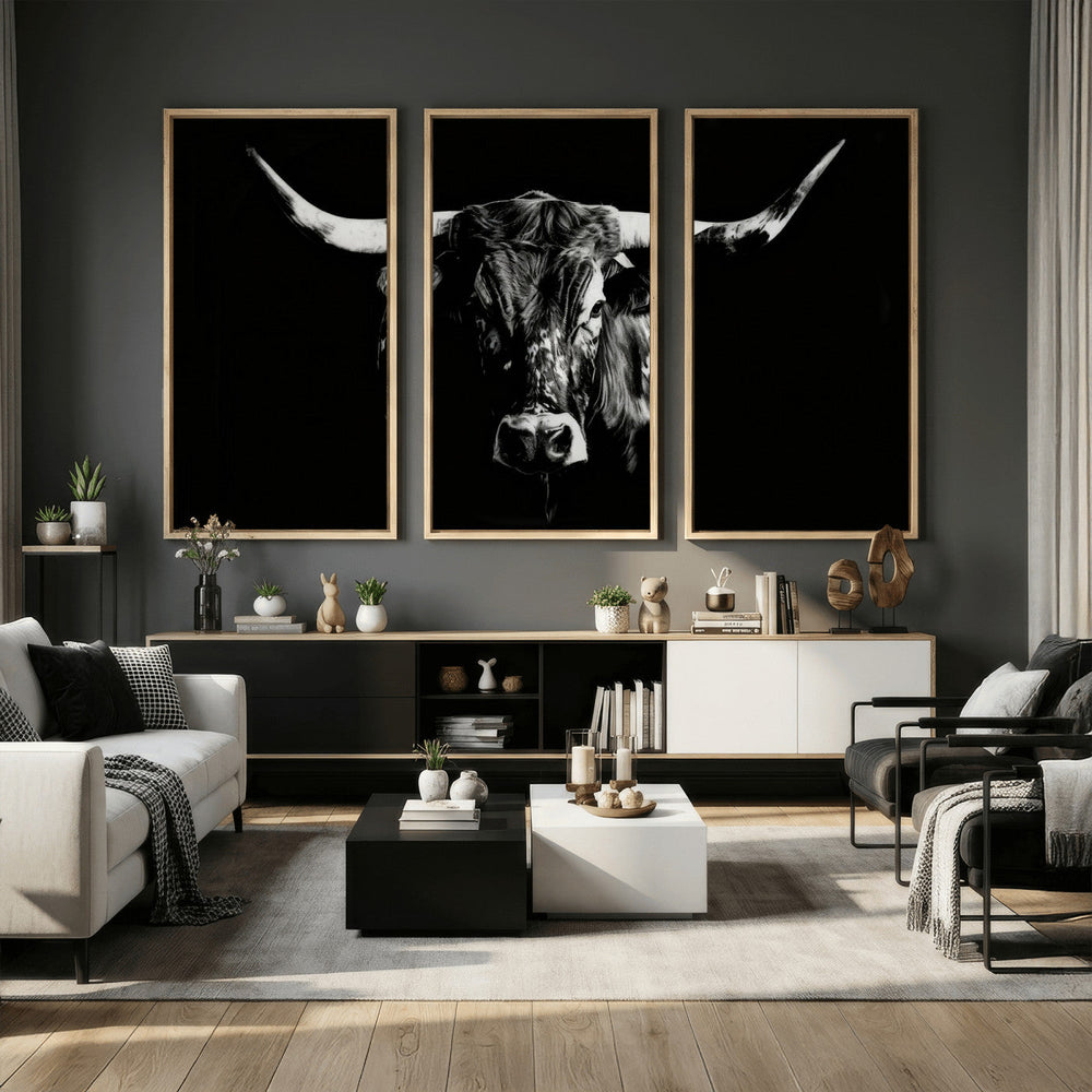 Black Bull Wall Art Canvas Print, Dark Longhorn Portrait