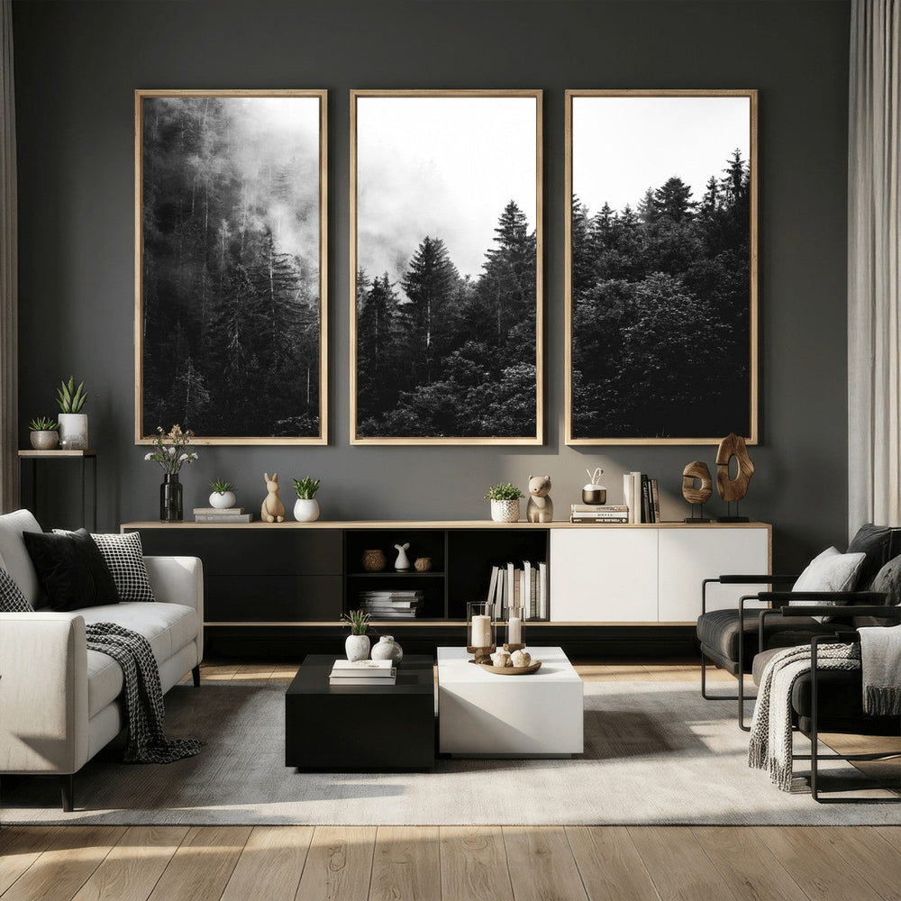 Black White Forest Wall Art Canvas Print, Misty Pine Tree