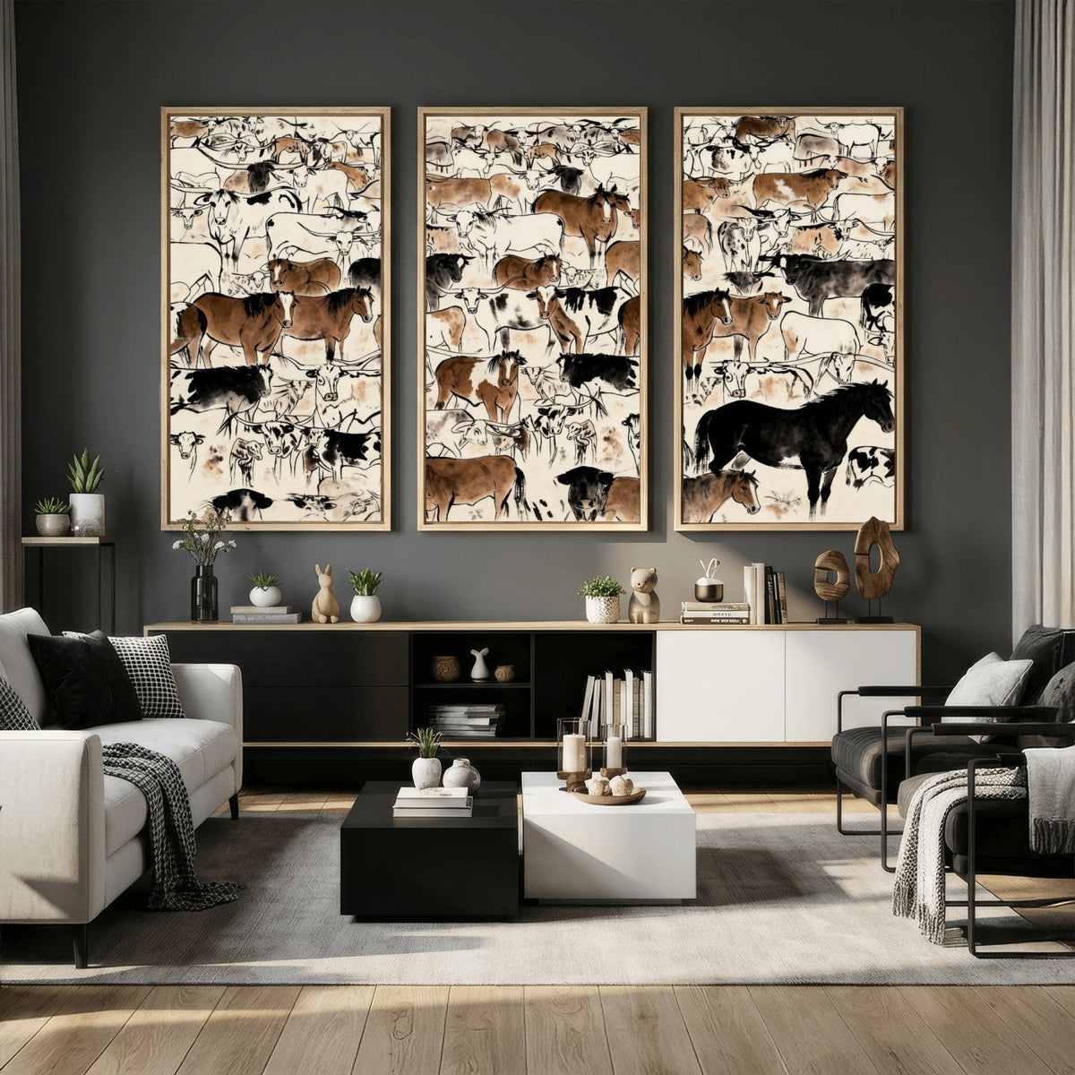 Farmhouse Animals Horse Longhorn Cow Wall Art Canvas Print -