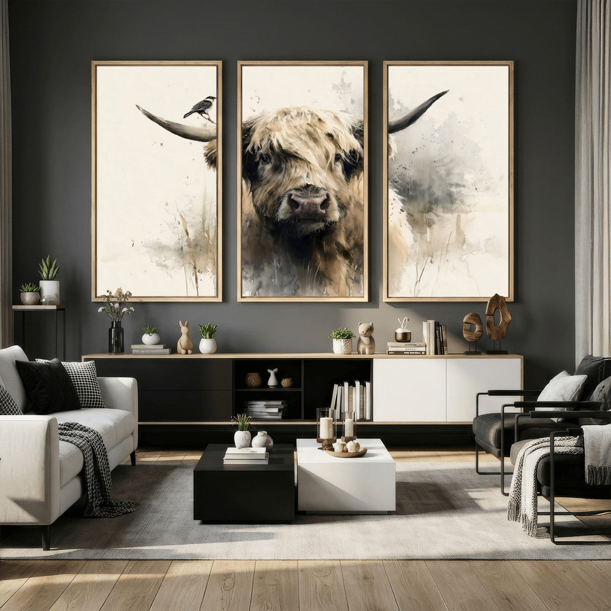 Abstract Highland Cow Wall Art Canvas Print, Rustic Farm