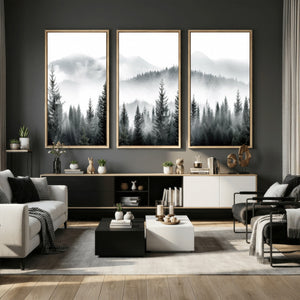 Misty Pine Forest Mountain Landscape Wall Art Canvas Print