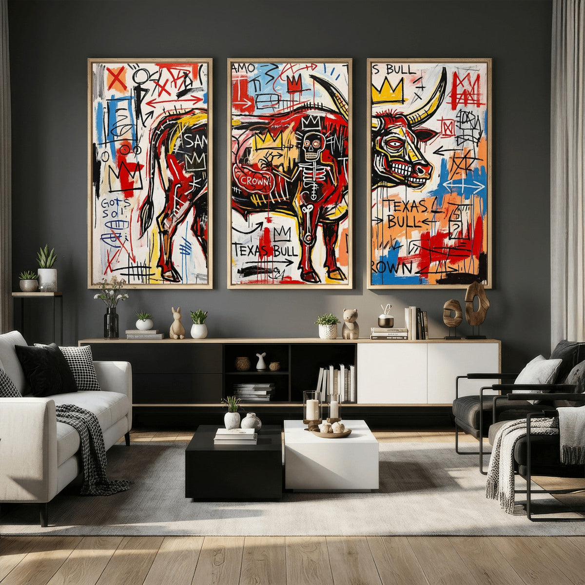 Texas Bull Wall Art Canvas Print, Abstract Graffiti Bull
