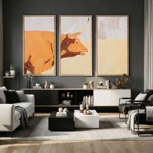 Minimal Longhorn Bull Wall Art Canvas Print, Neutral Western