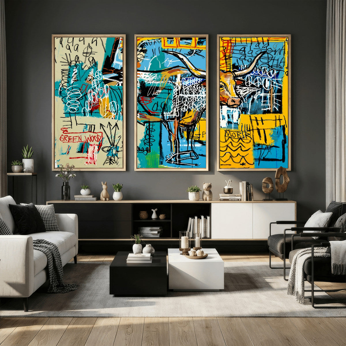 Basquiat Style Bird Bull Graffiti Wall Art Canvas Print,