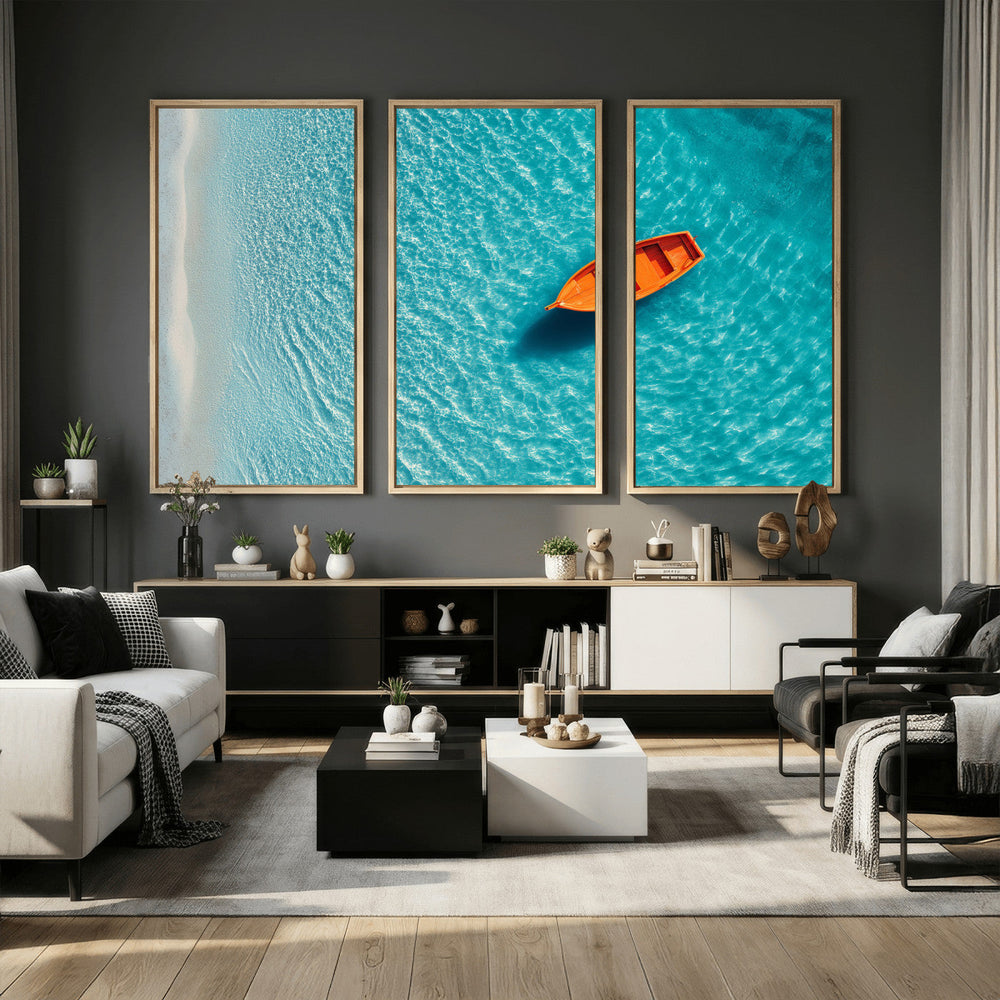 Minimalist Boat Wall Art Canvas Print, Aerial Sea Landscape