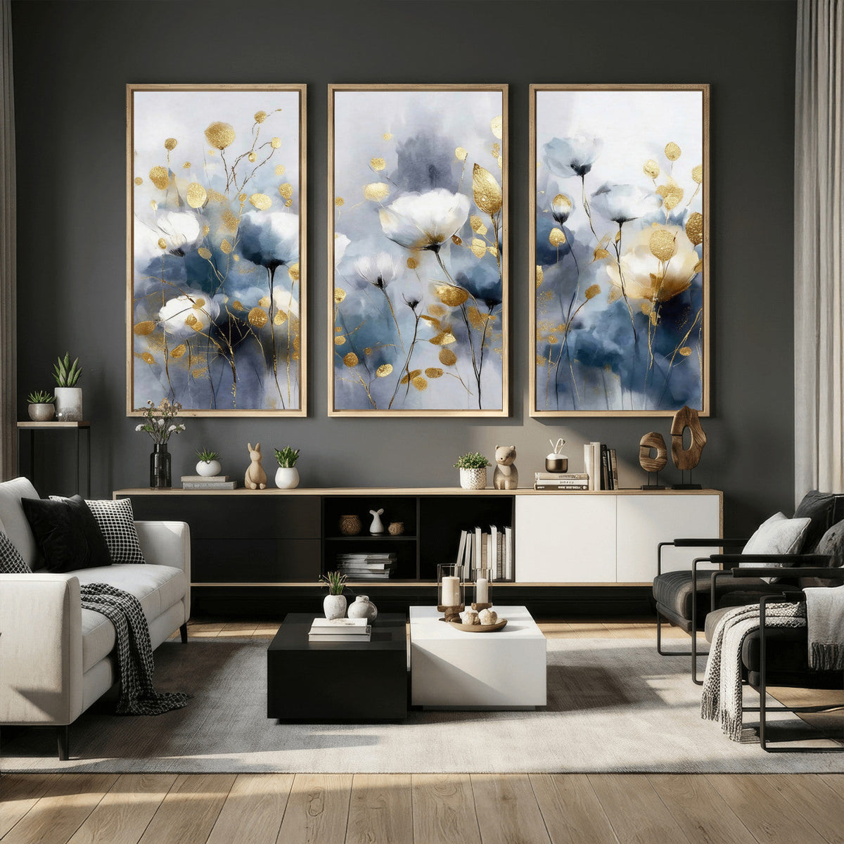 Large Abstract Flowers Wall Art Canvas Print – Gold and Blue