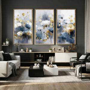 Large Abstract Flowers Wall Art Canvas Print – Gold and Blue