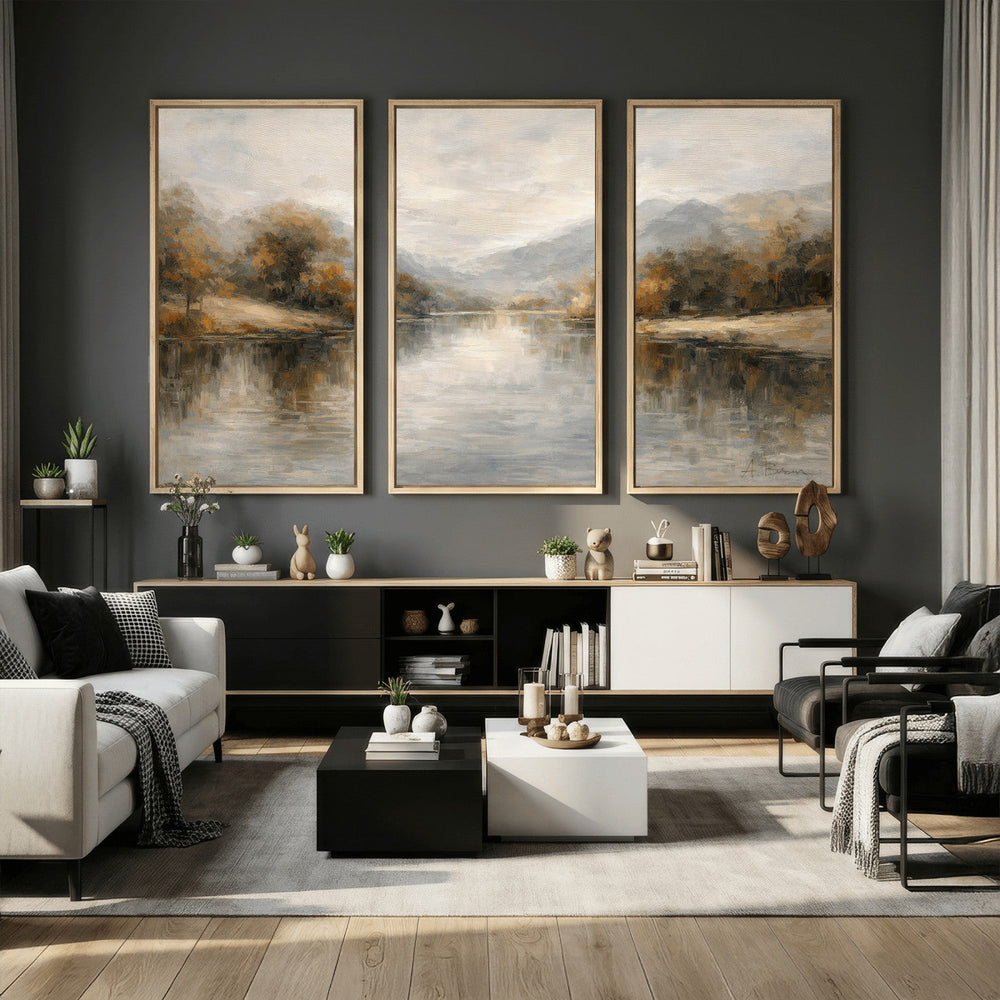 Neutral Abstract River Landscape Wall Art Canvas Print