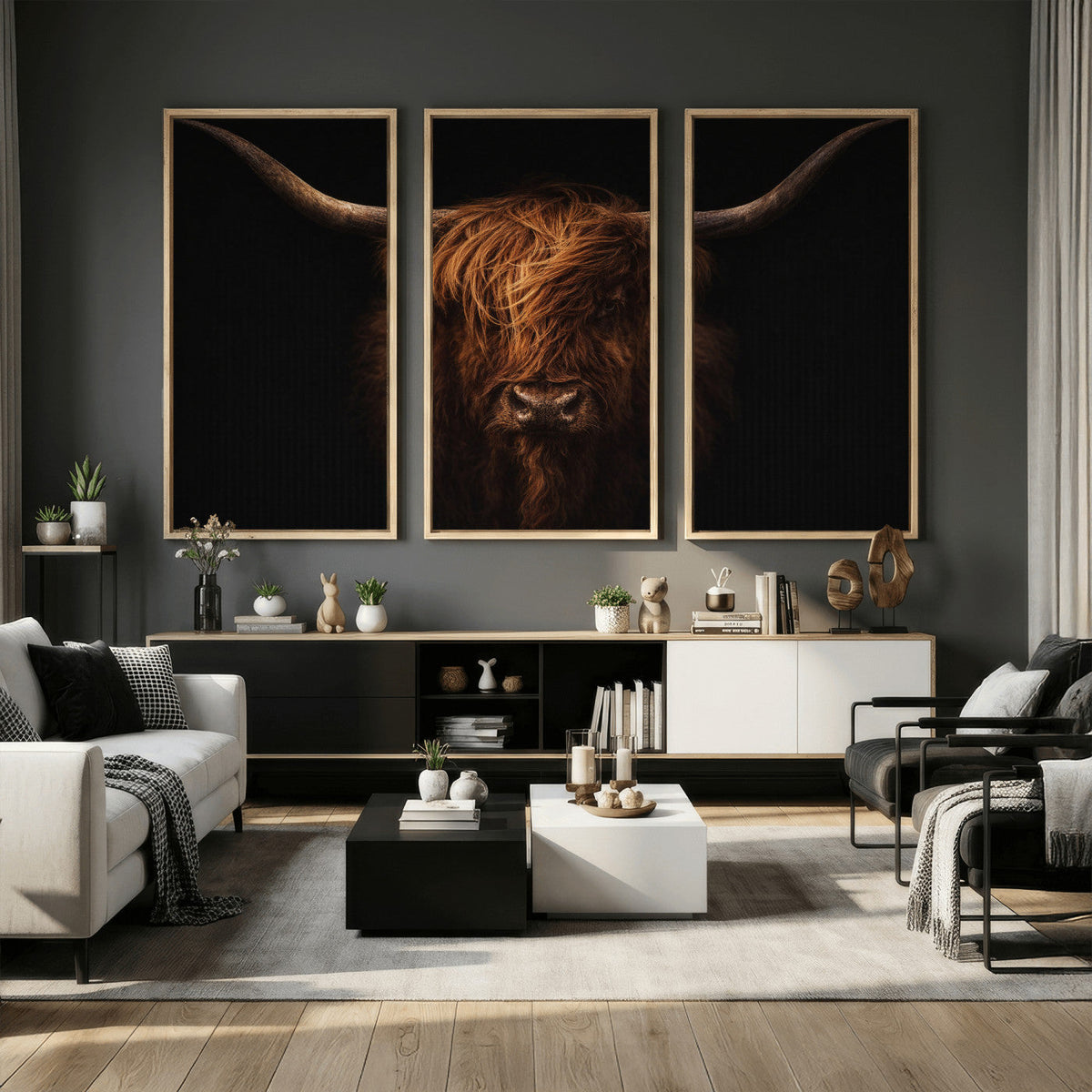 Highland Cow Wall Art Canvas Print – Moody Dark Rustic