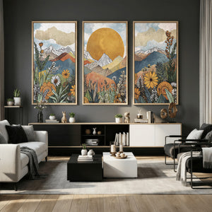 Boho Mountain Landscape Large Wall Art, Horizontal Gold