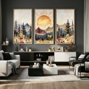Boho Mountain Landscape Large Wall Art, Horizontal Gold