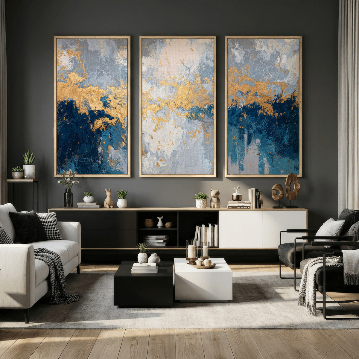 Blue Gold Abstract Large Framed Canvas Wall Art, Modern