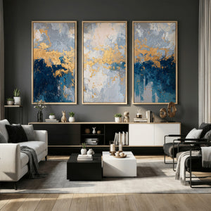 Blue Gold Abstract Large Framed Canvas Wall Art, Modern