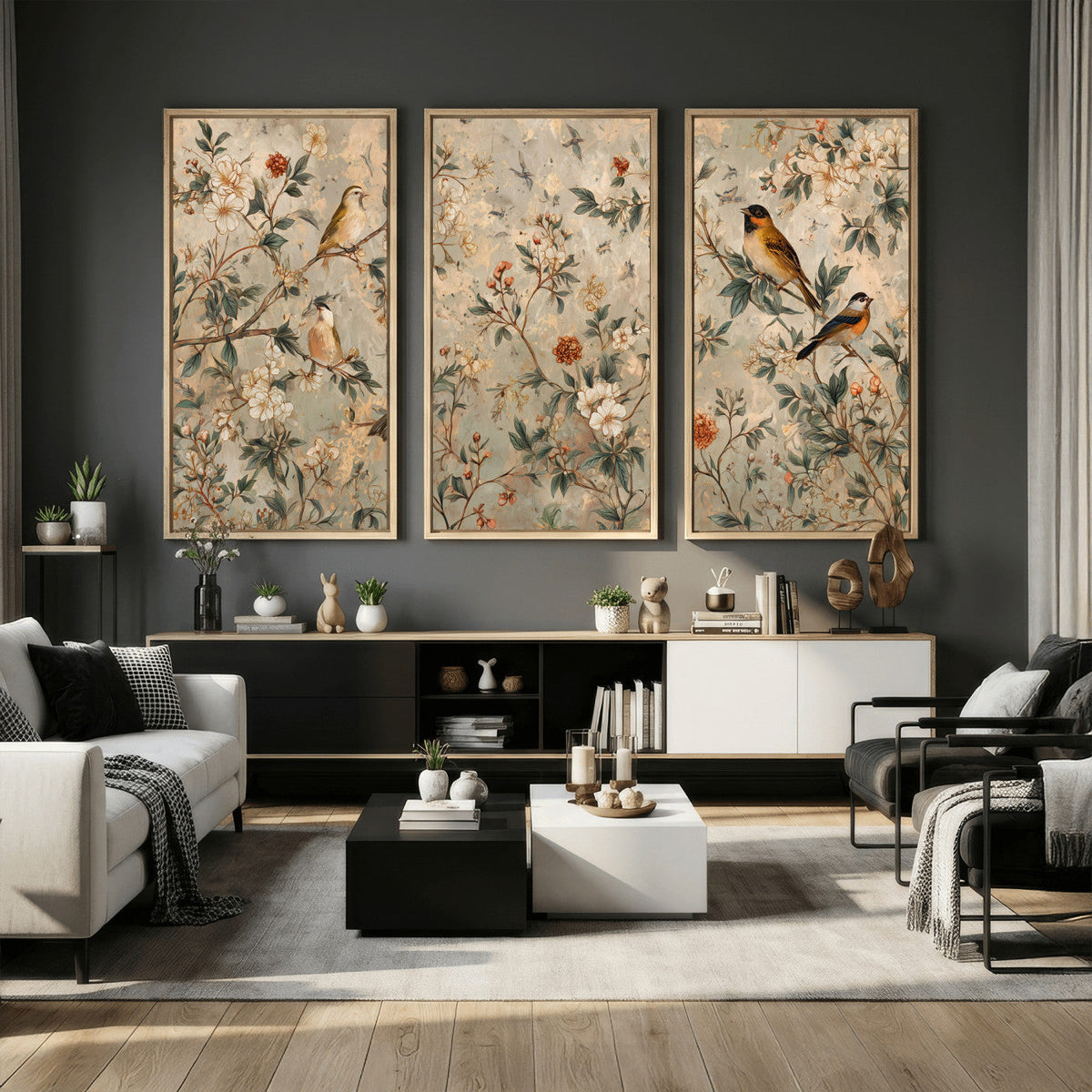 Vintage Birds and Flowers Wall Art Canvas Print, Botanical