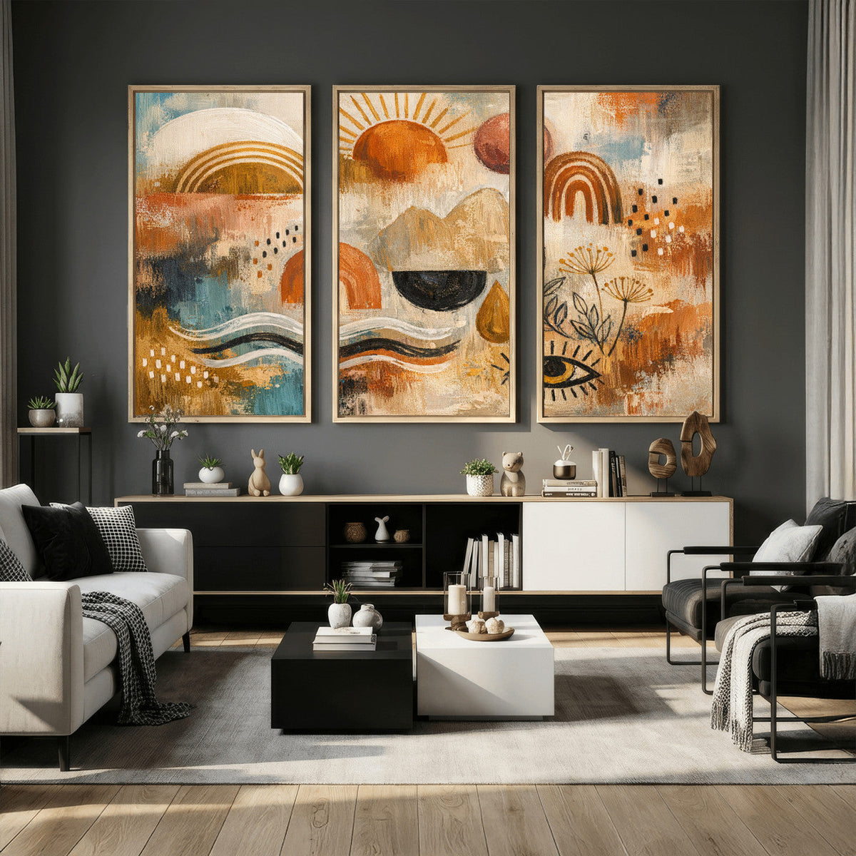 Geometric Boho Abstract Wall Art Canvas Print, Orange Blue