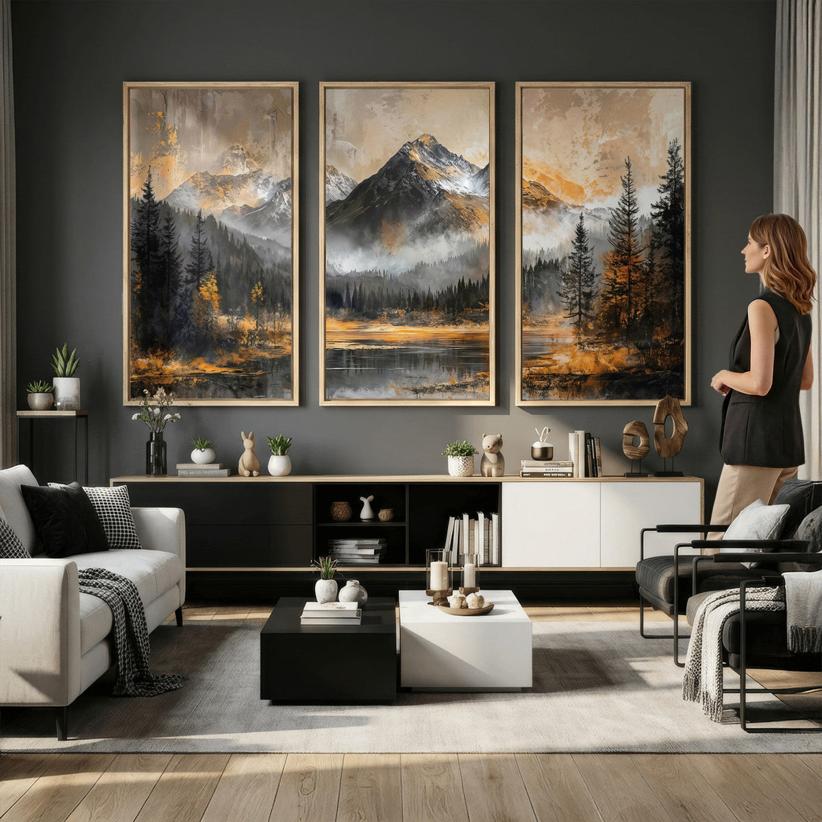 Mountain Lake Canvas Wall Art — Rustic Forest Landscape