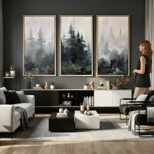 Misty Pine Forest Oil Painting Canvas — Dark Moody Teal Grey