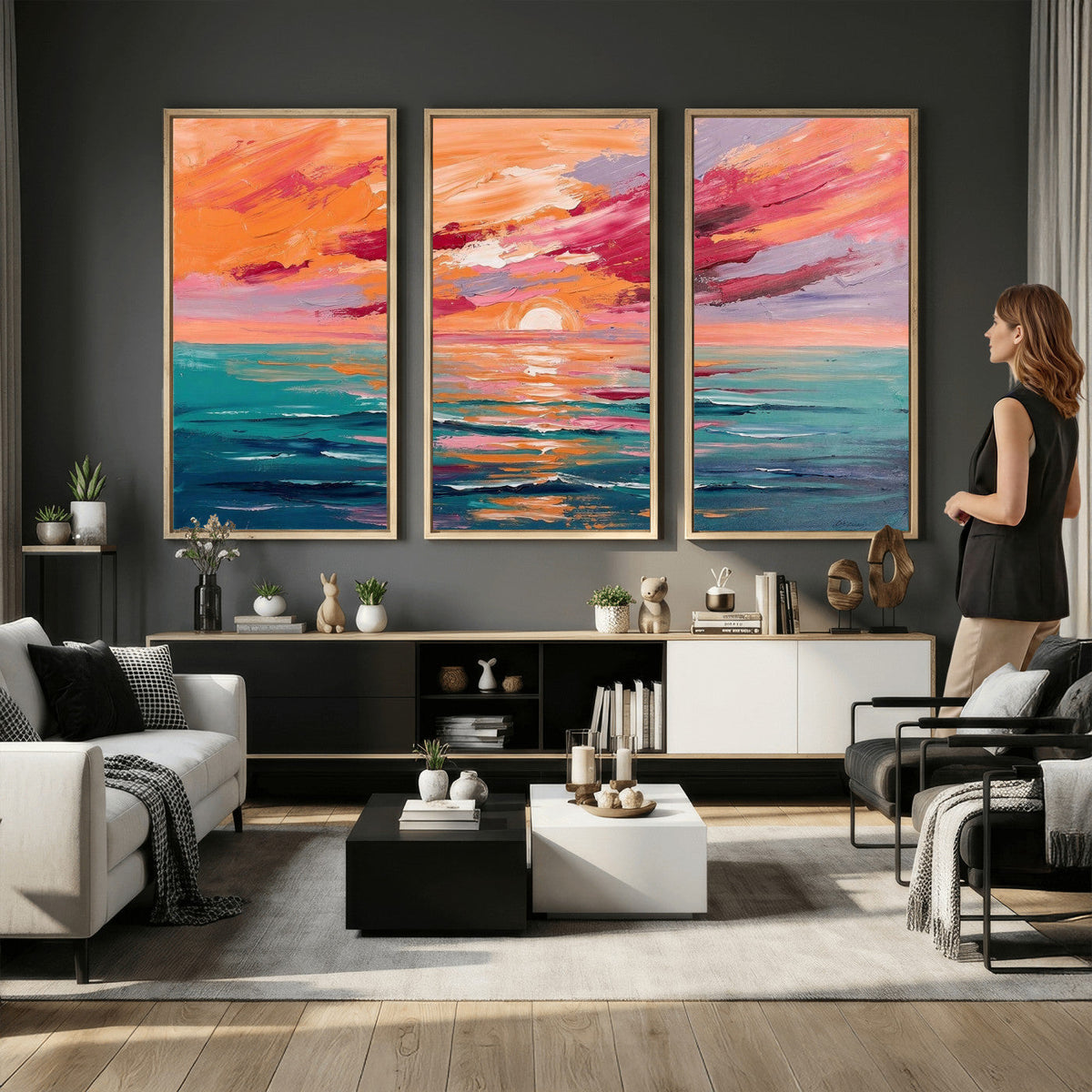 Bold Palette Knife Ocean Sunset Canvas — Orange Pink Teal