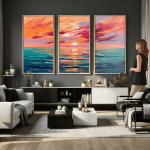 Bold Palette Knife Ocean Sunset Canvas — Orange Pink Teal
