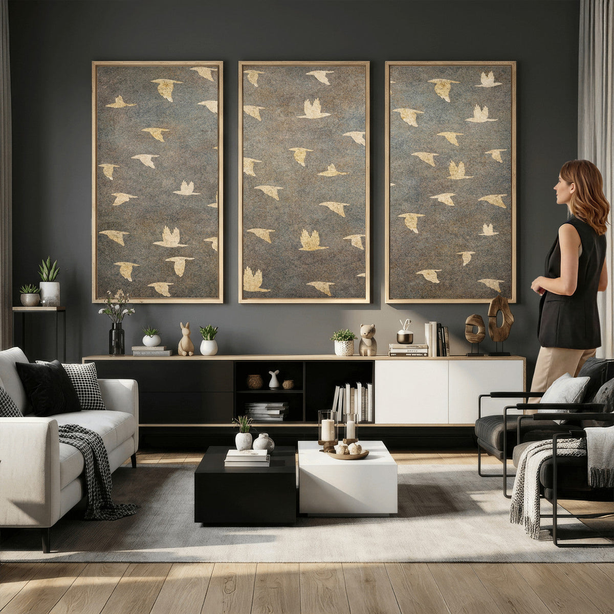 Flying Birds Canvas Wall Art, Vintage Bird Flock Pattern
