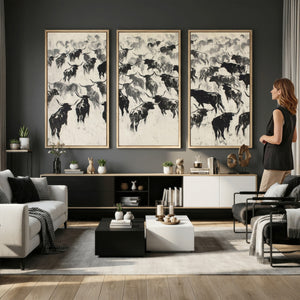 Longhorn Cattle Canvas Wall Art, Black White Stampede Ink