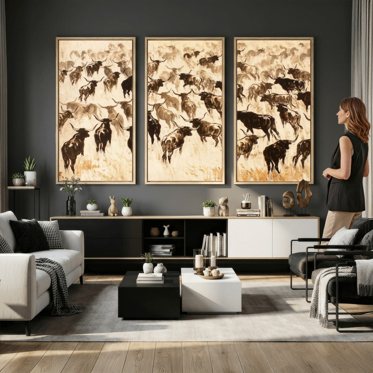 Texas Longhorn Sepia Canvas Wall Art, Western Cattle