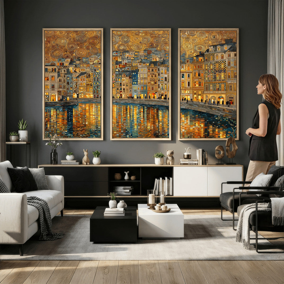 Gustav Klimt Golden Cityscape Wall Art Canvas Print, Framed