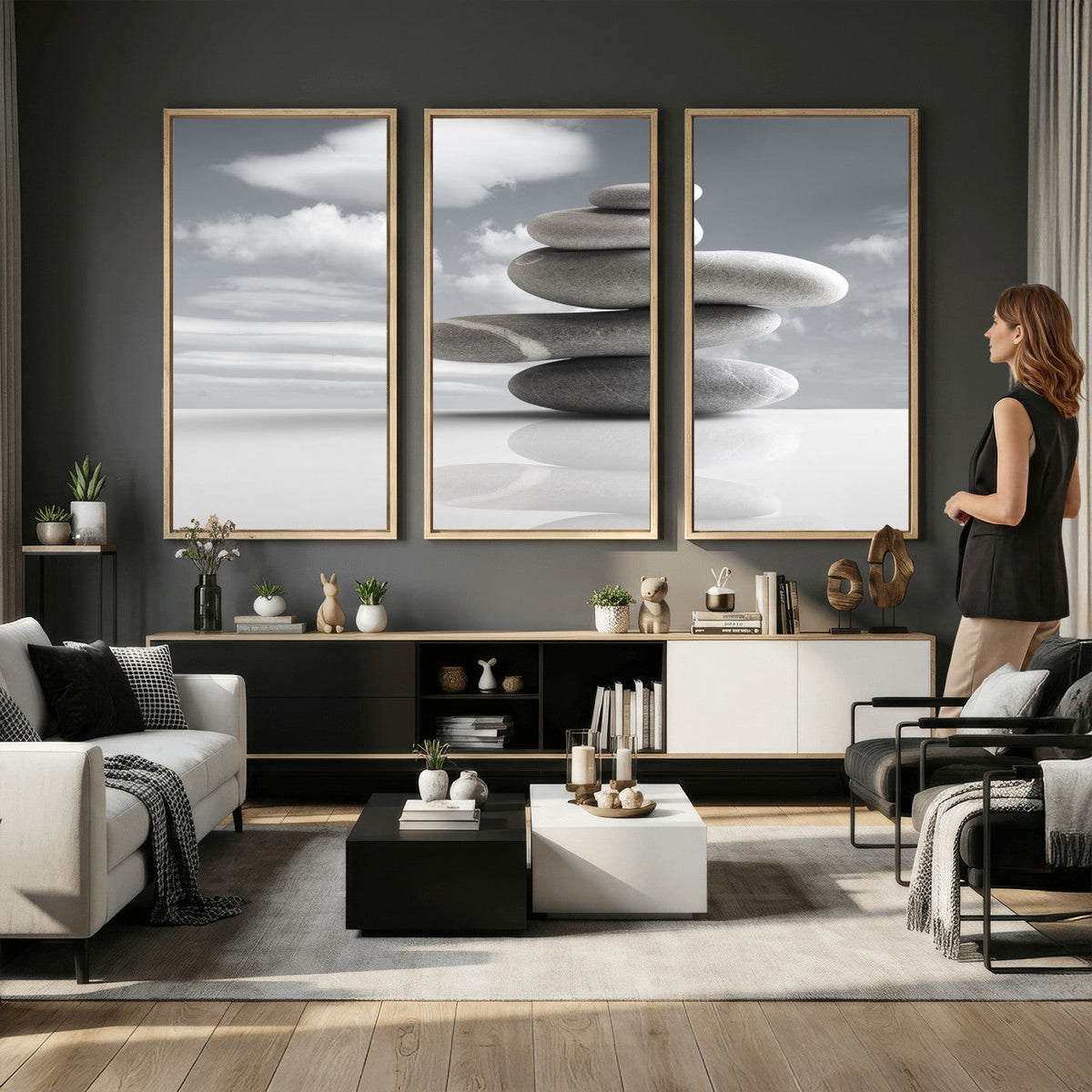 Zen Stone Wall Art Canvas Print, Balanced Rock Stack Framed