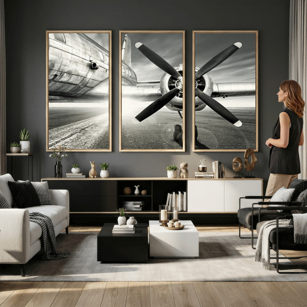 Vintage Airplane Wall Art Canvas Print, Black and White