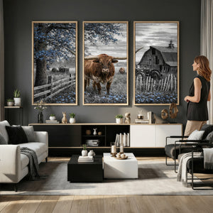 Texas Longhorn Canvas Wall Art, Rustic Farm Barn Bluebonnet