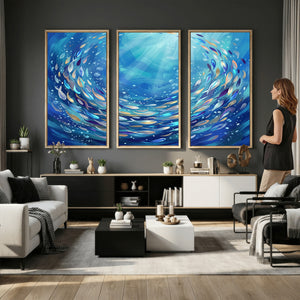 School of Fish Canvas Print | Blue Ocean Underwater Wall Art