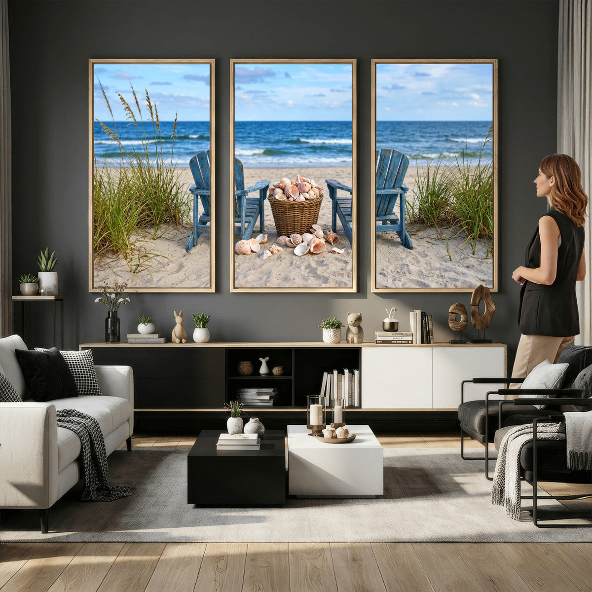 Large Beach Canvas Wall Art Coastal Adirondack Chairs Ocean