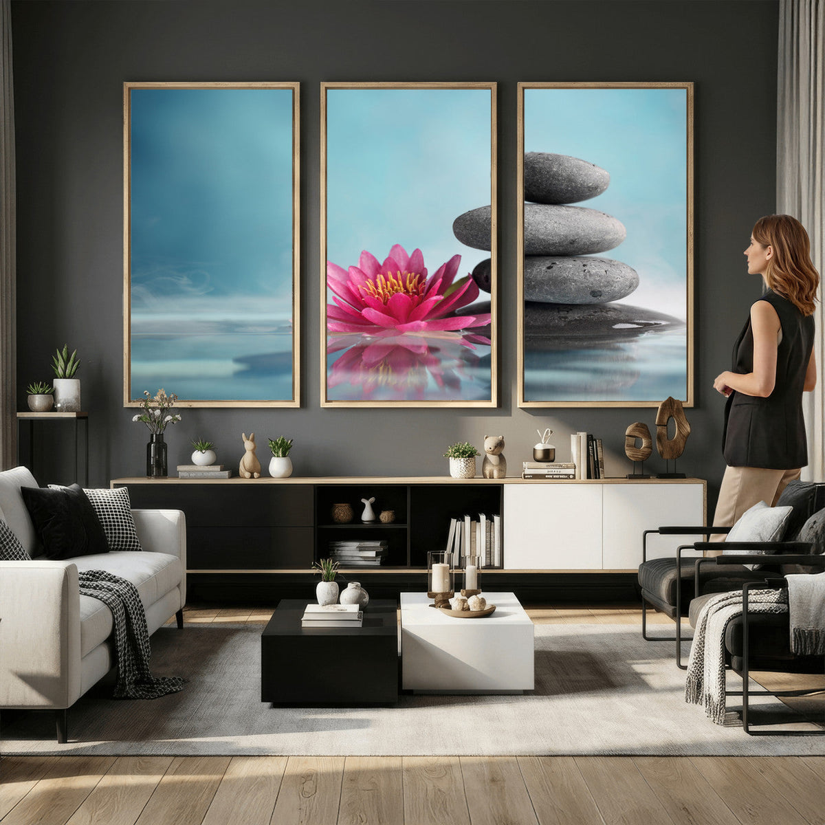 Zen Canvas Wall Art Lotus Flower Stacked Stones Teal Spa