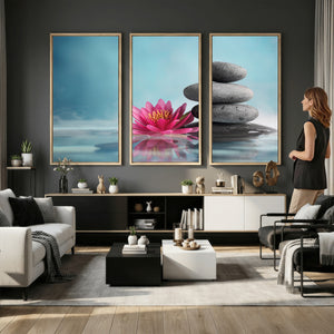 Zen Canvas Wall Art Lotus Flower Stacked Stones Teal Spa