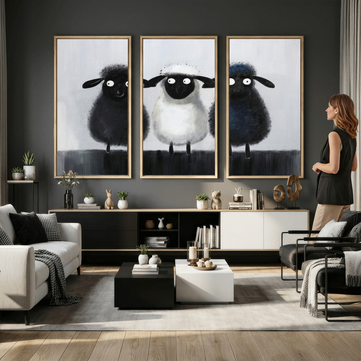Funny Sheep Canvas Wall Art, Three Quirky Sheep Painting Print, Cute Animal Nursery Decor, Black White Navy Farmhouse Art, Kids Room Gift